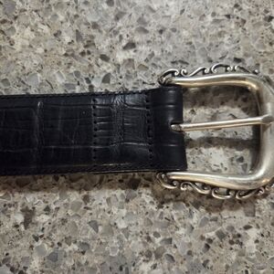 Women's Black Crocodile-Embossed Leather Belt with Ornate Silver Buckle